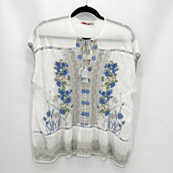 Johnny Was Noah Blouse White Silver Sz M Embroidered Boho Coquette Sheer NWT - Picture 1 of 9